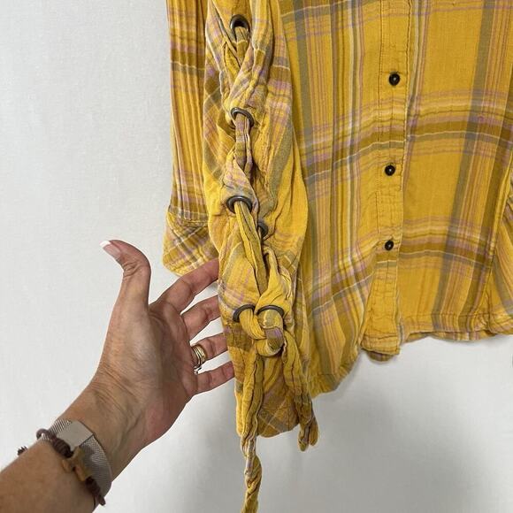 Free People Nordic Day Plaid Long Sleeve Button Down Shirt Tunic M Side Ties - Picture 4 of 15